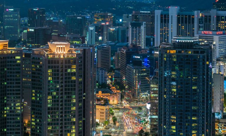 Seoul, Korea with lights on at night.