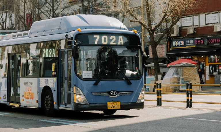 A blue bus in Seoul, South Korea.