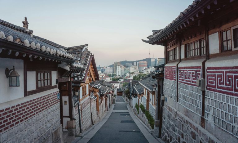Traditional Korean homes on a street in Seoul.