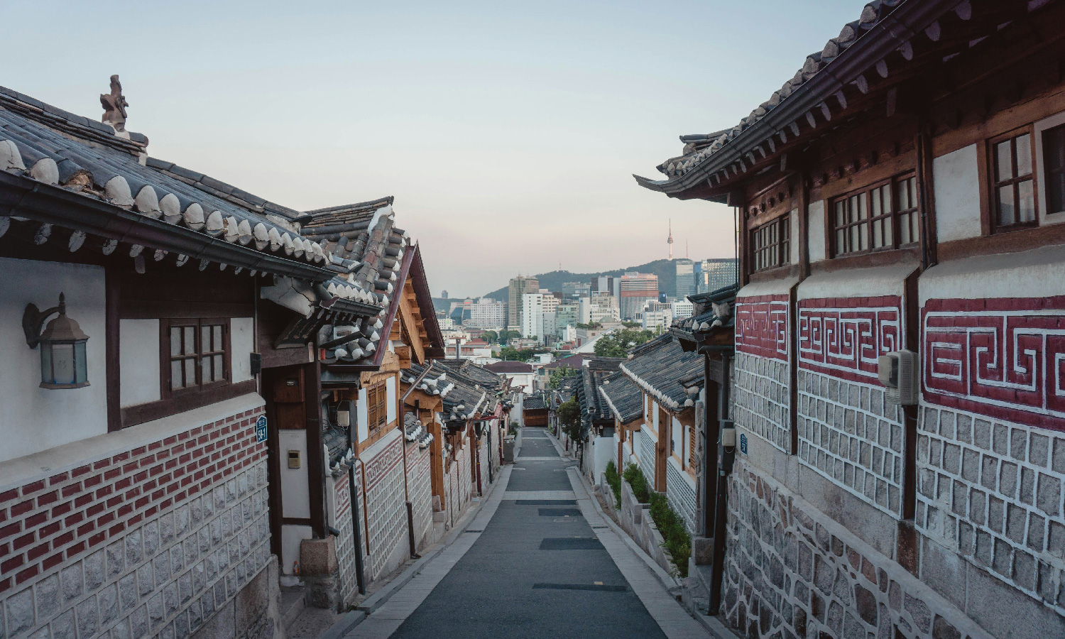 Traditional Korean homes on a street in Seoul.