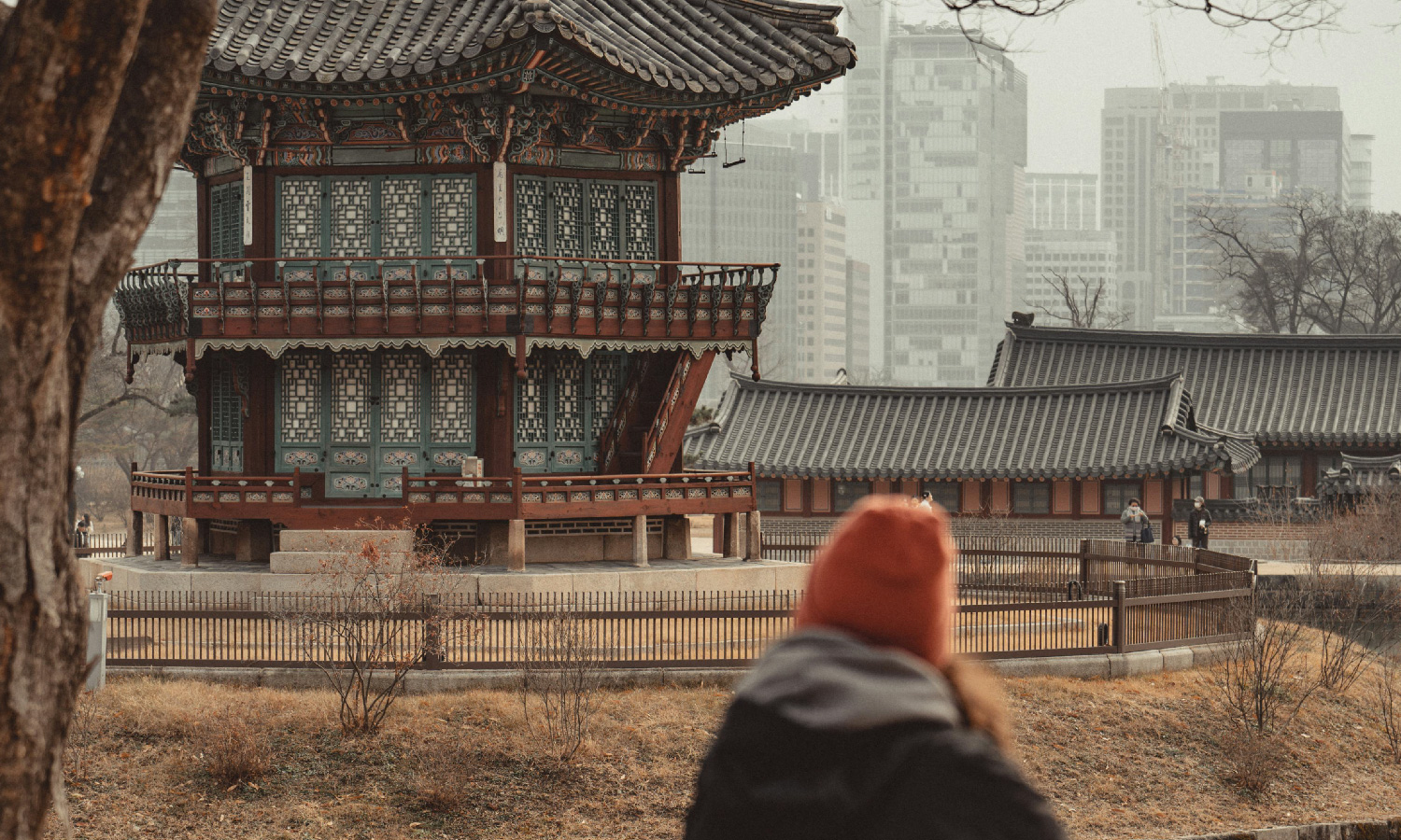 Back of a woman wearing woollen hat and jacket looking out to foreground of ornate building and backdrop of cityscape of skyrise buildings in South Korea.