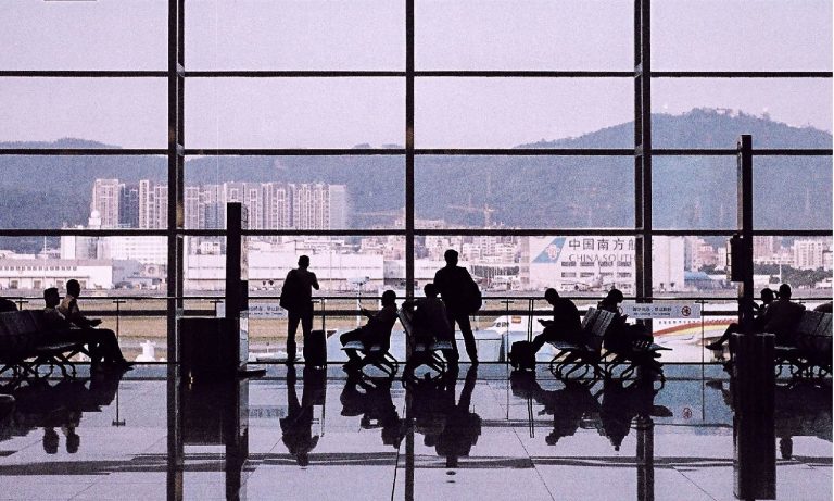 Inside airpot in South Korea looking at view of the city.